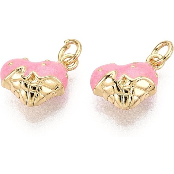 Ciondoli Smaltato In Ottone, Ciondoli A Forma Di Cuore Per Gelato, Con Anello Di Salto, Perla Rosa, 13X10.5X6.5Mm, Foro: 3 Mm-image
