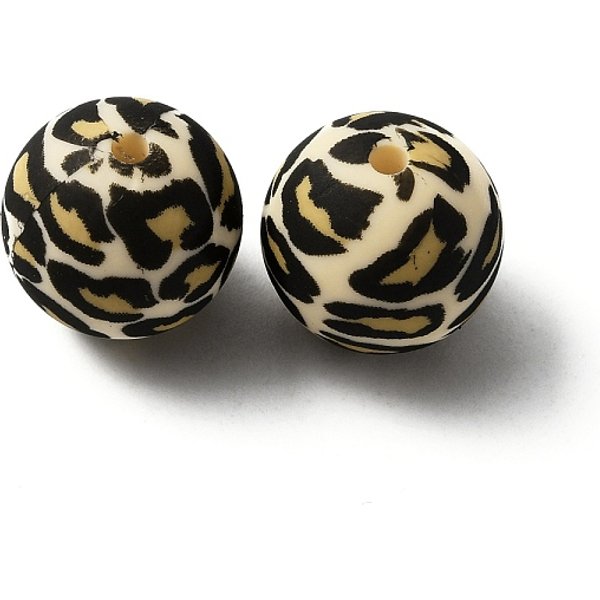 Silikonperlen, Rund Mit Leopardenmuster, Leichtes Khaki, 15X15 Mm, Bohrung: 2 Mm-image