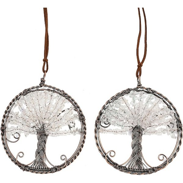 Brass & Natural Quartz Crystal Chips Pendant Decorations, Flat Round With Tree Of Life Hanging Ornaments, 390-400Mm-image