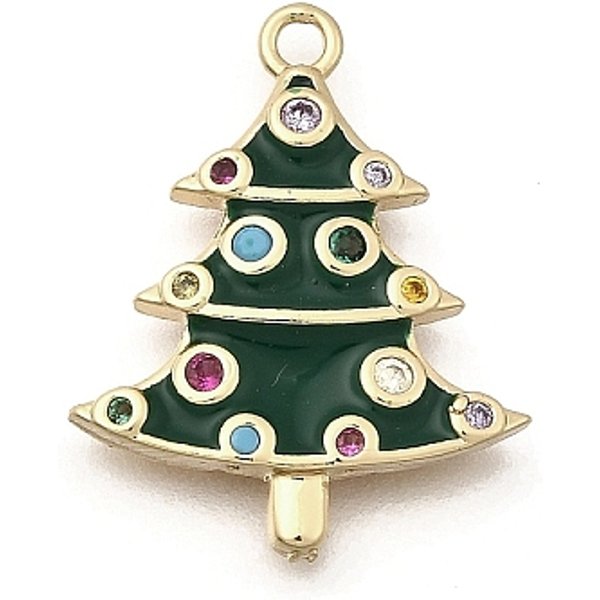 Brass Micro Pave Cubic Zirconia Pendants, With Enamel, Christmas Trees, Real 18K Gold Plated, 20X16X2.5Mm, Hole: 1.5Mm-image