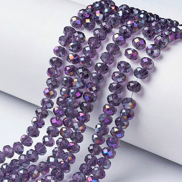 Electroplate Transparent Glass Beads Strands, Half Rainbow Plated, Faceted, Rondelle, Dark Violet, 4X3Mm, Hole: 0.4Mm, About 110-115Pcs/Strand, 39-40Cm-image