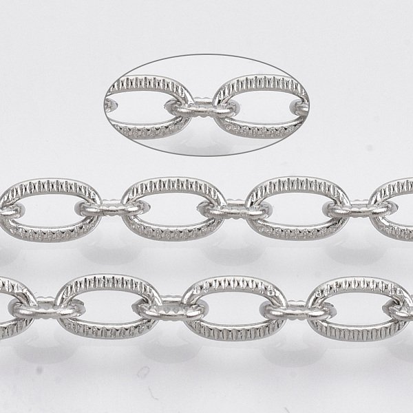 Tarnish Resistant 304 Stainless Steel Cable Chains, Unwelded, Textured, With Spool, Flat Oval, Stainless Steel Color, Small Link: 5X4X1Mm, Big Link: 7X4.5X1Mm, About 65.61 Feet(20M)/Roll-image