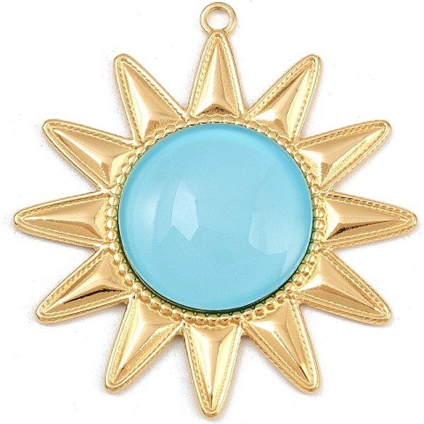 304 Stainless Steel Pendants, Sun, With Glass Bead, Pvd Vacuum Plating, Real 18K Gold Plated, Blue, 56X52X7Mm, Hole: 2.5Mm-image