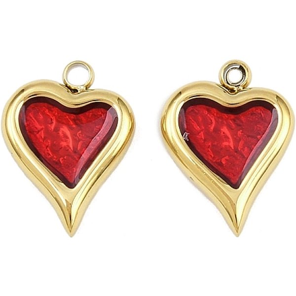 304 Stainless Steel Enamel Pendants, Heart Charms, Ion Plating(Ip), Manual Polishing, Real 18K Gold Plated, Red, 13.5X10X2.5Mm, Hole: 1.6Mm-image