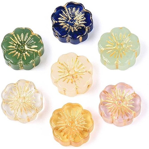 Transparent Glass Beads, Flower, Golden Metal Enlaced, Mixed Color, 14-14.5X5.5-6Mm, Hole: 1-1.2Mm-image