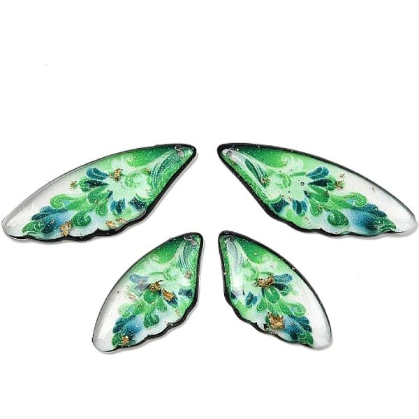 4Pcs 4 Arten Transparente Epoxidharz-AnhäNger, FlüGel Mit Blumenmuster, Mit Pailletten Und Goldfolie, GrüN, 29-39X14 - X 2.5 Mm, Bohrung: 1 Mm-image