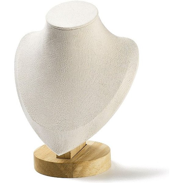 Microfiber Necklace Display Stands, Desktio Bust Shaped Necklace Holder with Wood Base, White, 14x8.5x18.5cm