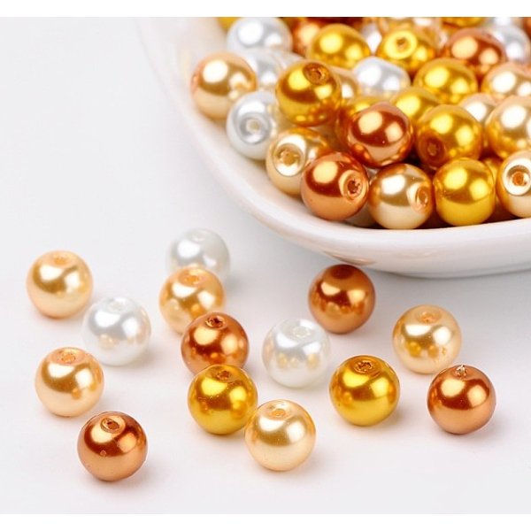 Caramel Mix Pearlized Glass Pearl Beads, Mixed Color, 8Mm, Hole: 1Mm, About 100Pcs/Bag-image
