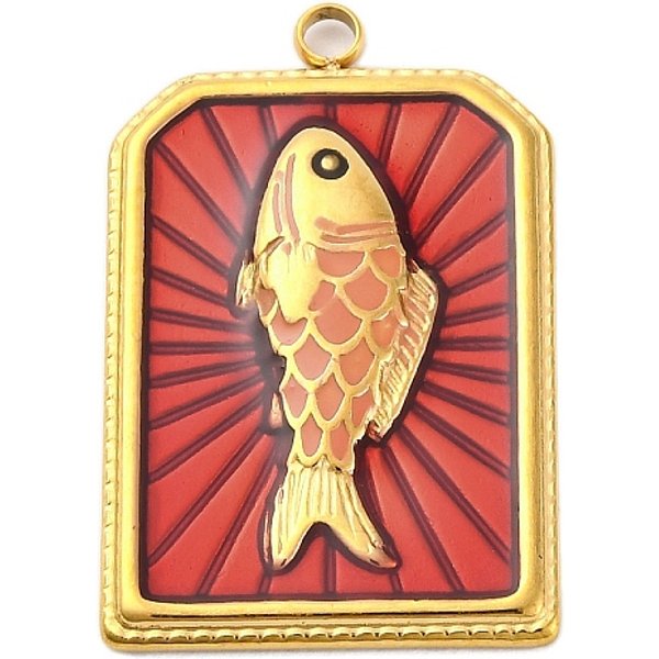 304 Stainless Steel Pendants, with Enamel, Ion Plating(IP), Real 18K Gold Plated, Rectangle with Fish Charm, FireBrick, 28x18x3mm, Hole: 2mm