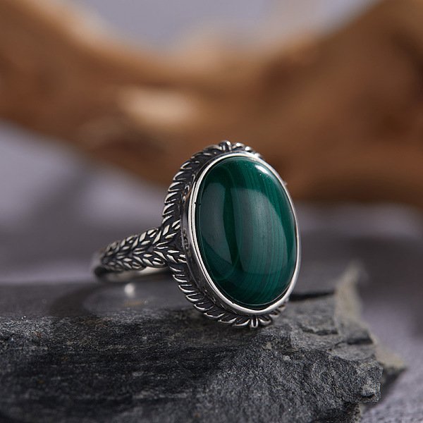 925 Bague En Argent Sterling Avec Malachite Naturelle, Argent Antique, Ovale, DiamèTre IntéRieur: 20 Mm-image