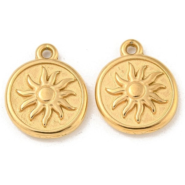 Ion Plating(Ip) 304 Stainless Steel Pendants, Flat Round With Sun Charm, Real 18K Gold Plated, 15.5X13X2.5Mm, Hole: 1.2Mm-image