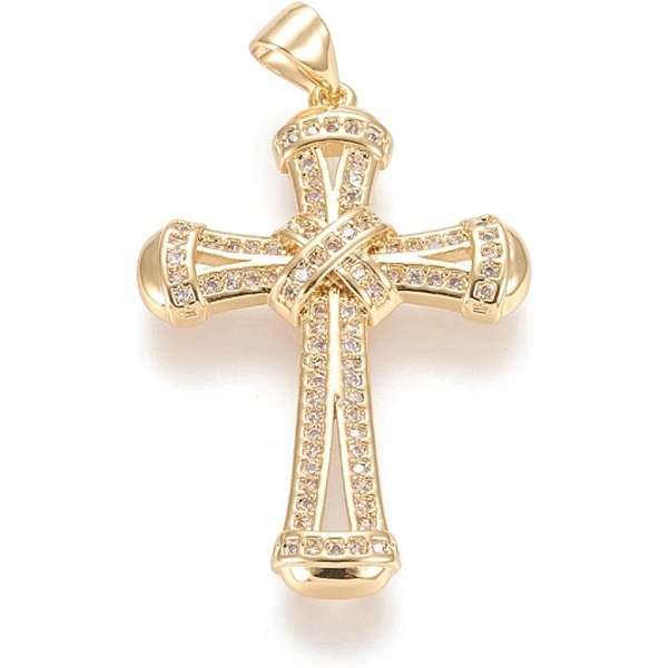 Colgante Micropavé Cubic Zirconia De LatóN, Cruz, Claro, Real 18K Chapado En Oro, 34.5X23.5X3.5Mm, Agujero: 5.5X3.5 Mm-image