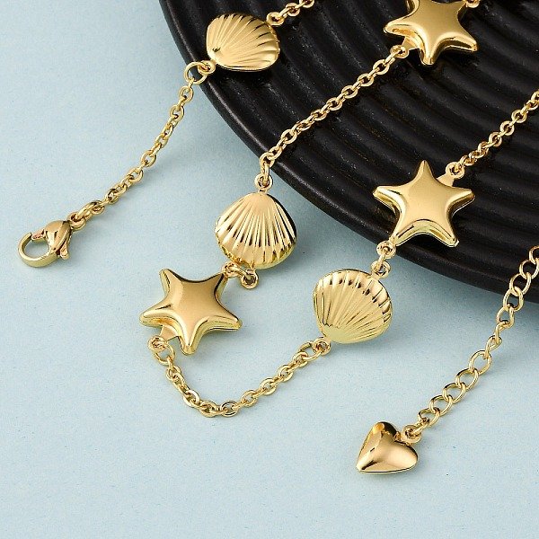 304 Stainless Steel Star & Shell Shape Link Chain Necklaces for Women, Golden, 20.39 inch(51.8cm)