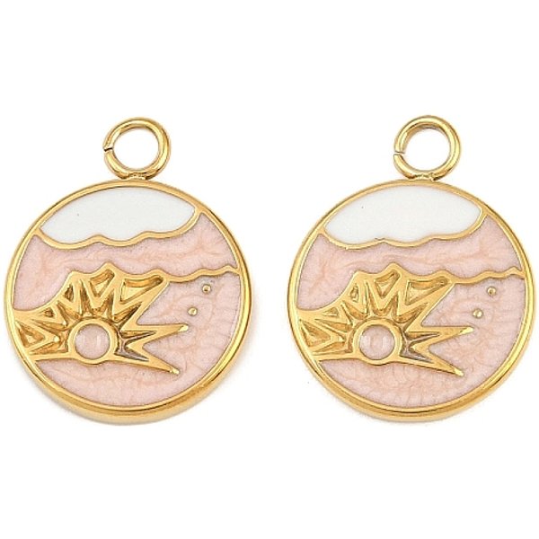 304 Stainless Steel With Enamel Pendants, Ion Plating(Ip), Flat Round & Sun, Pink, 18.5X14.5X2.5Mm, Hole: 2.5Mm-image