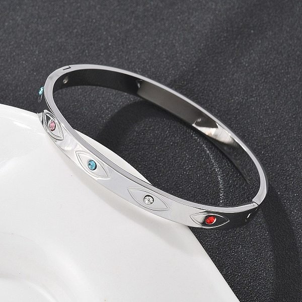 Eye 304 Stainless Steel Rhinestone Bangles For Women, Stainless Steel Color, Inner Diameter: 2X2-3/8 Inch(5X6Cm)-image