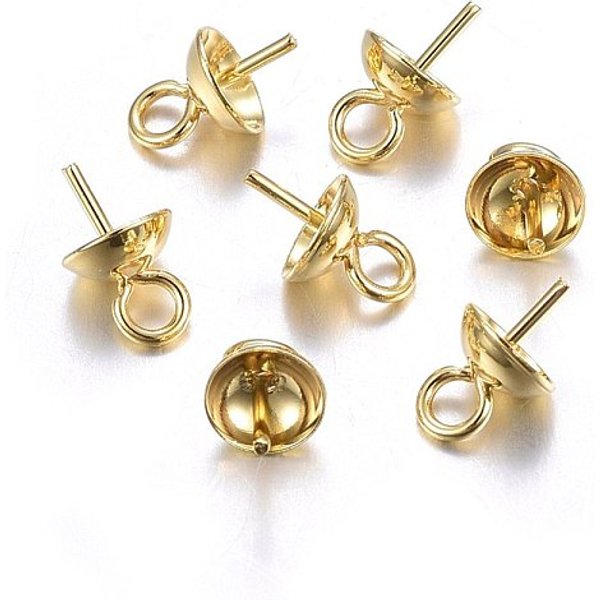 201 Stainless Steel Cup Pearl Peg Bails Pin Pendants, For Half Drilled Beads, Real 18K Gold Plated, 8X5Mm, Hole: 1.5Mm, Pin: 0.7Mm-image