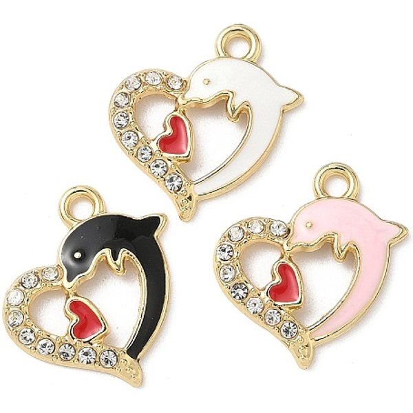 AnhäNger Aus Emaille Und Strass, Herz Mit Delfin, Licht Gold, Cadmiumfrei Und Nickel Frei Und Bleifrei, Mischfarbe, 18X18X2.3 Mm, Bohrung: 2 Mm-image
