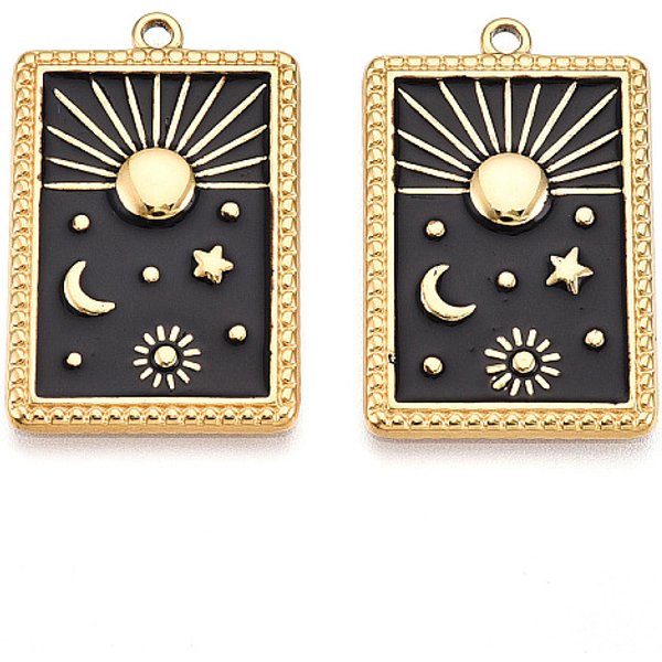 304 Stainless Steel Pendants, With Enamel, Rectangle With Moon & Star & Sun Charms, Ion Plating(Ip), Real 18K Gold Plated, Black, 28X18X2Mm, Hole: 1.6Mm-image