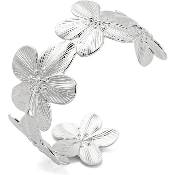 Brazaletes Abiertos De LatóN Con Revestimiento De Flores Para Mujer, Sin Plomo Y Cadmio, Plateado De Larga DuracióN, Platino, DiáMetro Interior: 2-3/8 Pulgada (6 Cm)-image