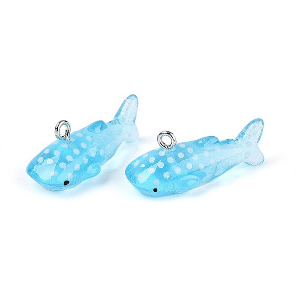 Sea Animal Theme Transparent Resin Pendants, Little Shark Charms with Platinum Tone Iron Loops, Deep Sky Blue, 12.5x13.5x28.5mm, Hole: 2mm