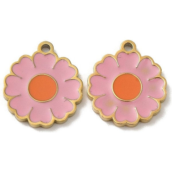 Ionenplattierung (Ip) 316L Chirurgischer EdelstahlanhäNger, Nickelfrei, Mit Emaille, Echtes 18K Vergoldet, Blumencharme, Rosa, 14X12X1.5 Mm, Bohrung: 1.2 Mm-image