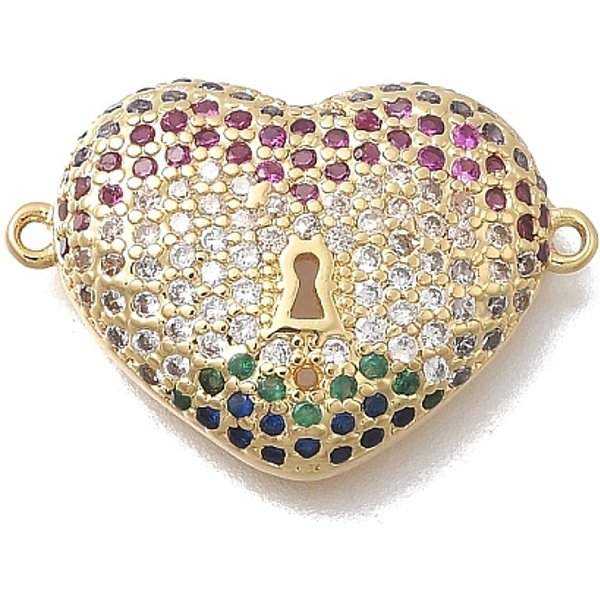 Brass Micro Pave Cubic Zirconia Heart Connector Charms, Real 18K Gold Plated, Cadmium Free & Lead Free, Rack Plating, Long-Lasting Plated, Colorful, 14.5X21.5X4.5Mm, Hole: 1Mm-image