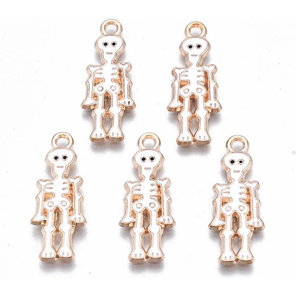 Alloy Enamel Pendants, Halloween, Cadmium Free & Lead Free, Skeleton, Light Gold, White, 26X10X1.5Mm, Hole: 1.8Mm-image