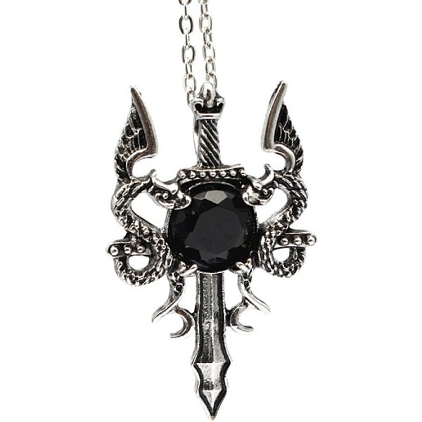 Natural Obsidian Dragon Sword Pendant Necklace, Gothic Alloy Jewelry for Men Women, Antique Silver & Platinum, 19.69 inch(50cm)