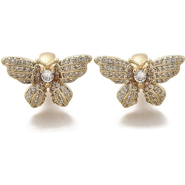 Brass Micro Pave Clear Cubic Zirconia European Beads, Large Hole Beads, Butterfly, Real 18K Gold Plated, 13X21.5X13Mm, Hole: 4X3.5Mm-image