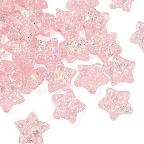 Translucent Resin Beads, Star With Tartan, With Enamel, Hologram, Pink, 14.5X16X8Mm, Hole: 2Mm-image