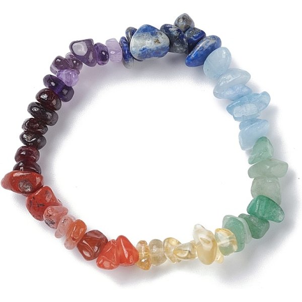 Kids 7 Chakra Natural Mixed Stone Chip Beads Stretch Bracelet With Heart, Inner Diameter: 1-3/4-2 Inch(4.5-5Cm)-image