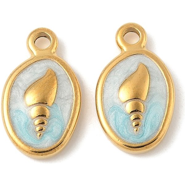 304 Stainless Steel Enamel Pendants, Oval with Conch Charms, Ion Plating(IP), Real 18K Gold Plated, Light Cyan, 17x10x3.5mm, Hole: 1.8mm
