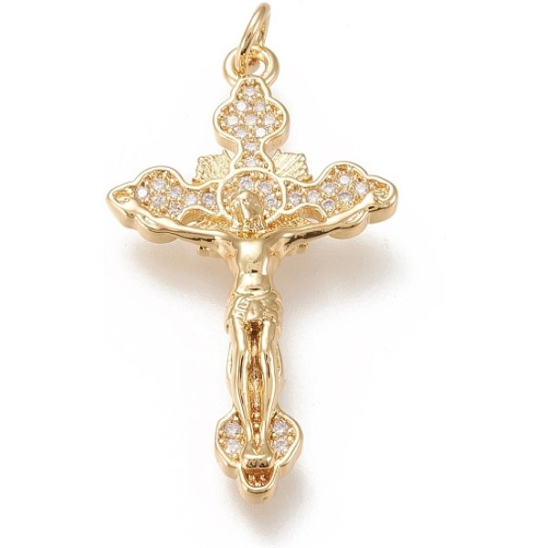 Brass Micro Pave Clear Cubic Zirconia Pendants, With Jump Rings, Crucifix Cross, Real 18K Gold Plated, 35X19.5X4Mm, Jump Ring: 5X1Mm, 3Mm Inner Diameter-image