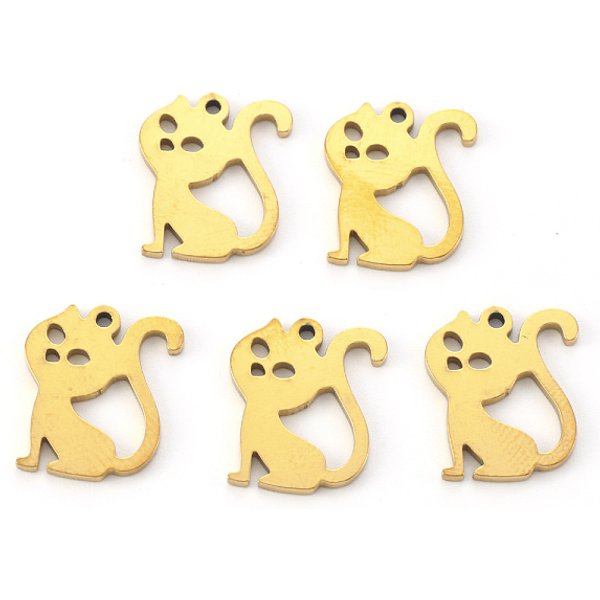 Breloques En Acier Inoxydable 304 PlaquéEs Sous Vide Pvd, Coupe Au Laser, Forme De Chat, VéRitable 18K Plaqué Or, 14.5X12.5X1Mm, Trou: 1.2Mm-image