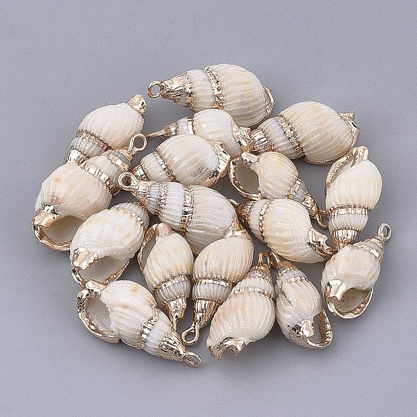 Electroplate Spiral Shell Pendants, With Iron Findings, Golden, Seashell Color, 19-29X9-13X8-10Mm, Hole: 1.6Mm-image