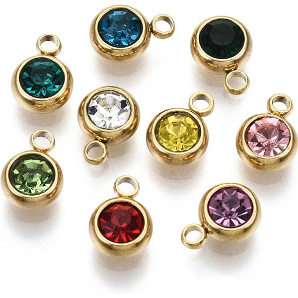 Pvd-Vakuumbeschichtung 201 Edelstahl-StrassanhäNger, Geburtsstein Charms, Flachrund, Echtes 18K Vergoldet, Mischfarbe, 8.5X6X3 Mm, Bohrung: 1.5 Mm-image