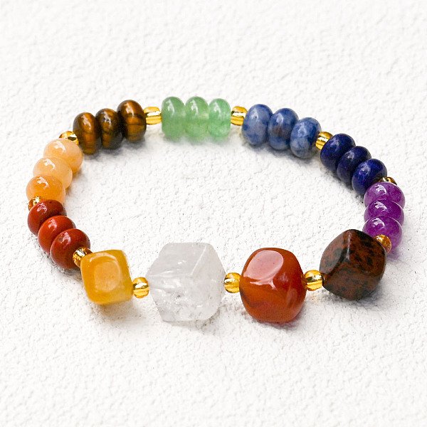 Bracelets Extensibles En Perles De Pierres PréCieuses Naturelles Et SynthéTiques MéLangéEs Pour Femmes, Cube, DiamèTre IntéRieur: 2 Pouce (5.05 Cm)-image