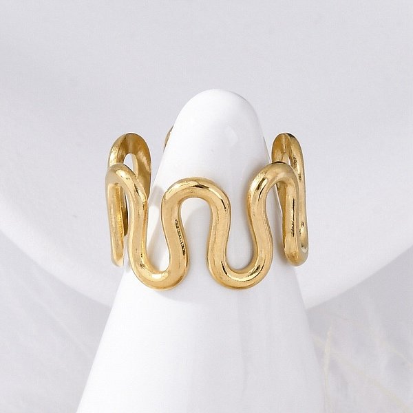 Wave 304 Stainless Steel Finger Rings For Women, Ion Plating(Ip), Real 18K Gold Plated, Inner Diameter: 17Mm-image