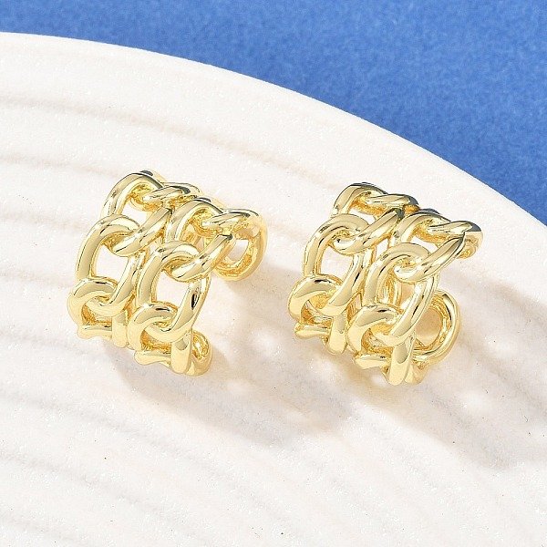 Brass Cuff Earrings, C-Shaped with Chain Charm, Golden, 14.5x10.5mm