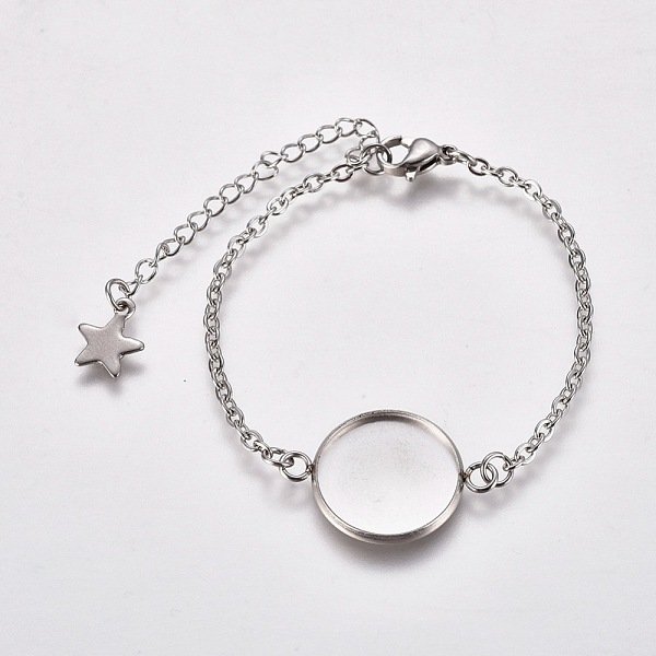 Tarnish Resistant 304 Stainless Steel Bracelet Making, with Lobster Claw Clasps, Cable Chains and Flat Round Cabochon Settings, Stainless Steel Color, Tray: 16mm, 5-5/8 inch(14.4cm)