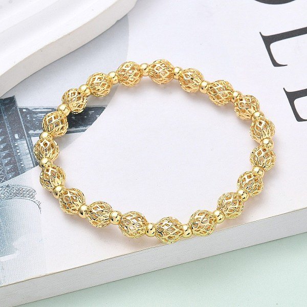 Brass Round Beaded Stretch Bracelets For Women, Rack Plating, Long-Lasting Plated, Lead Free & Cadmium Free, Real 18K Gold Plated, 1/4 Inch(0.75Cm), Inner Diameter: 2 Inch(5Cm)-image