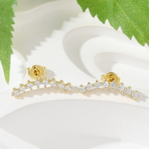 Clear Cubic Zirconia Curved Bar Stud Earrings, Brass Jewelry For Women, Cadmium Free & Lead Free, Real 18K Gold Plated, 4.5X17.5Mm, Pin: 0.8Mm-image