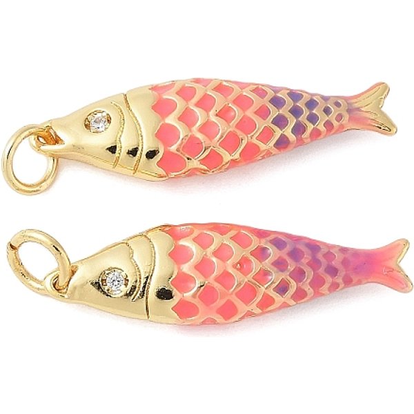Brass Enamel Pendants, With Cubic Zirconia Fish Shape Charms, Rack Plating, Cadmium Free & Lead Free, Long-Lasting Plated, Real 18K Gold Plated, Pink, 25.5X7.5X3.8Mm, Hole: 3.5Mm-image