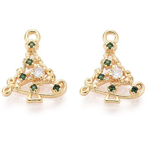 Brass Micro Pave Cubic Zirconia Charms, Christmas Tree, Long-Lasting Plated, Nickel Free, Real 18K Gold Plated, Green, 15X12X2.5Mm, Hole: 1.4-1.5Mm-image