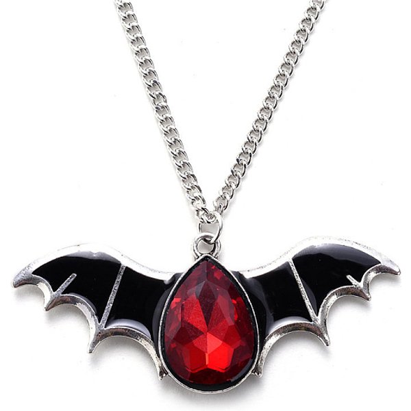 Halloween-Themen-Fledermaus-Anhänger-Halskette aus Glas mit Emaille, Legierungsschmuck für Männer Frauen, Schamottestein, Schläger: 1.21x2.91 Zoll (3.08x7.4 cm)