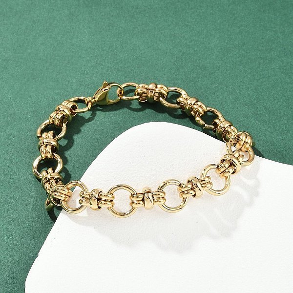 304 Stainless Steel Link Chain Bracelets For Women, Flat Round, Pvd Vacuum Plating, Real 22K Gold Plated, 8-3/4 Inch(22.1Cm)-image