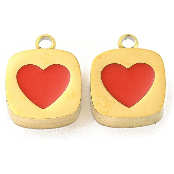 Ion Plating(Ip) Rack Plating 316L Surgical Stainless Steel Charms, Nickel Free, With Enamel, Square With Heart Charm, Real 18K Gold Plated, 11X8.5X3.5Mm, Hole: 1.4Mm-image