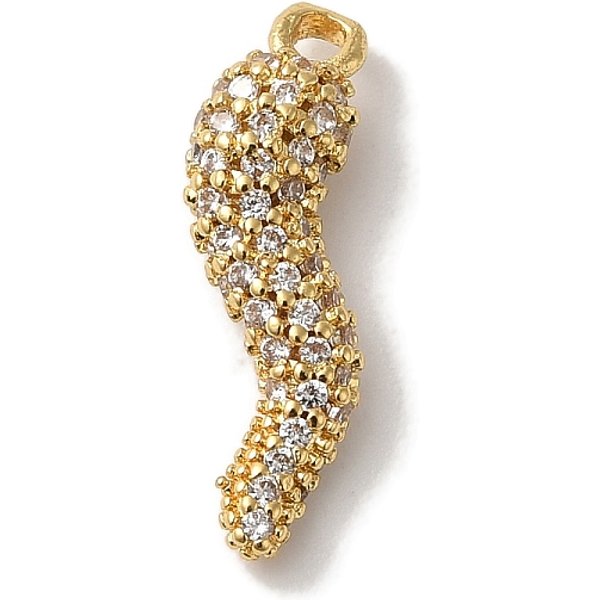 Ciondolo In Ottone Placcato Cremagliera Con Micro Pavé Di Zirconi Cubici, Cadmio& Piombo Libero, Placcato Di Lunga Durata, Corno Dell'abbondanza / Ciondolo Cornicello In Corno Italiano, Vero Placcato Oro 18K, 18X5.5X4Mm, Foro: 1.2 Mm-image