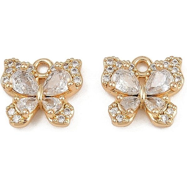 Brass Micro Pave Cubic Zirconia Pendants, Butterfly Charms, Real 18K Gold Plated, 9.5x10.5x3mm, Hole: 1.3mm