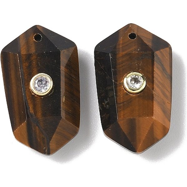 Natural Tiger Eye Faceted Pendants, Crystal Cluster Shape Charms, With Brass Micro Pave Cubic Zirconia Findings, Golden, 24.5X14.5X7.5-8.5Mm, Hole: 1.2Mm-image